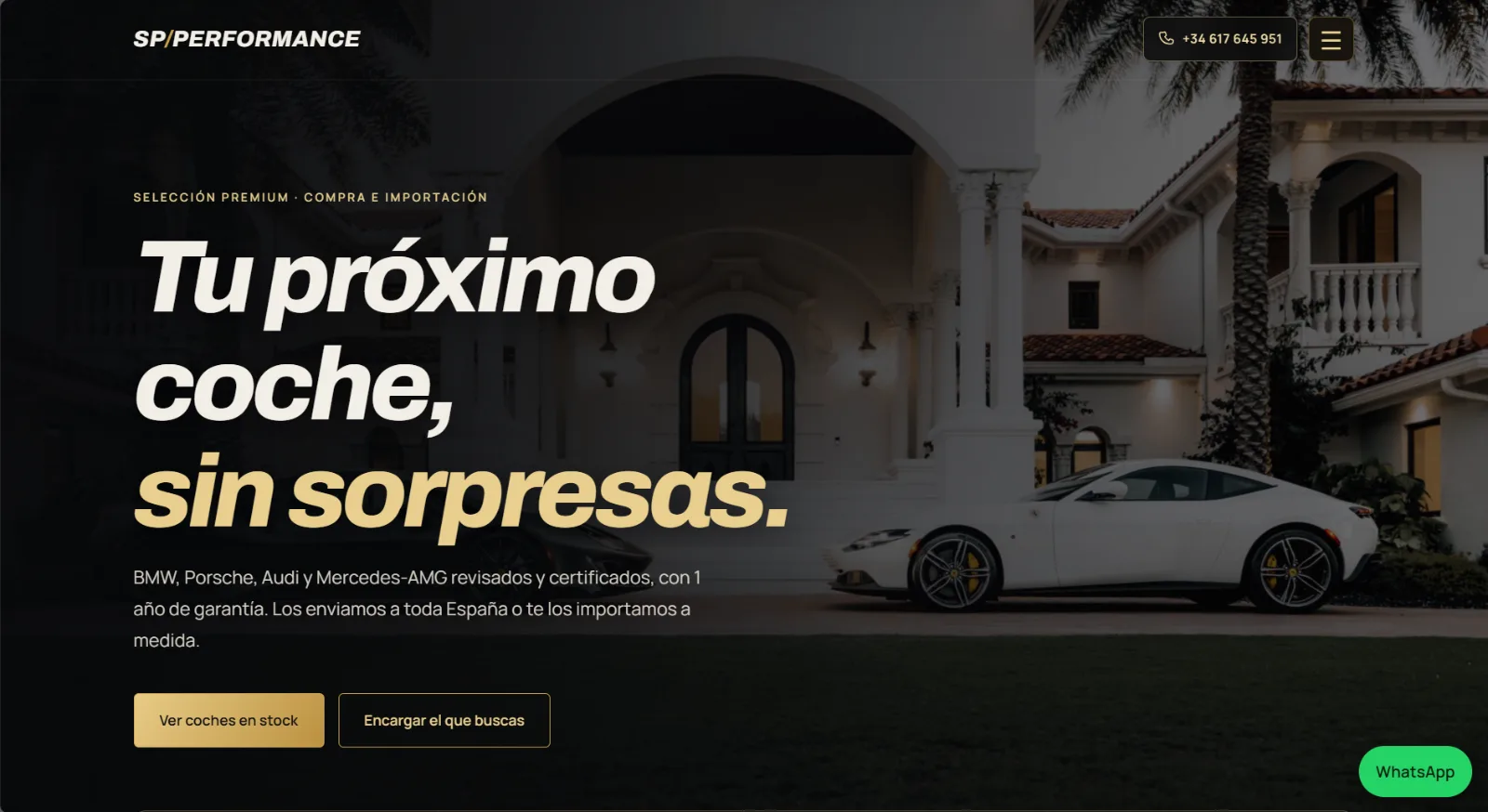 Portada de la web de SP Performance, compraventa de coches premium